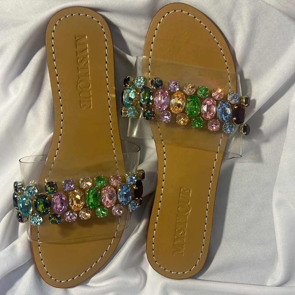 Mystique Agadir Multi Rainbow Leather Slide with Crystals Size 5